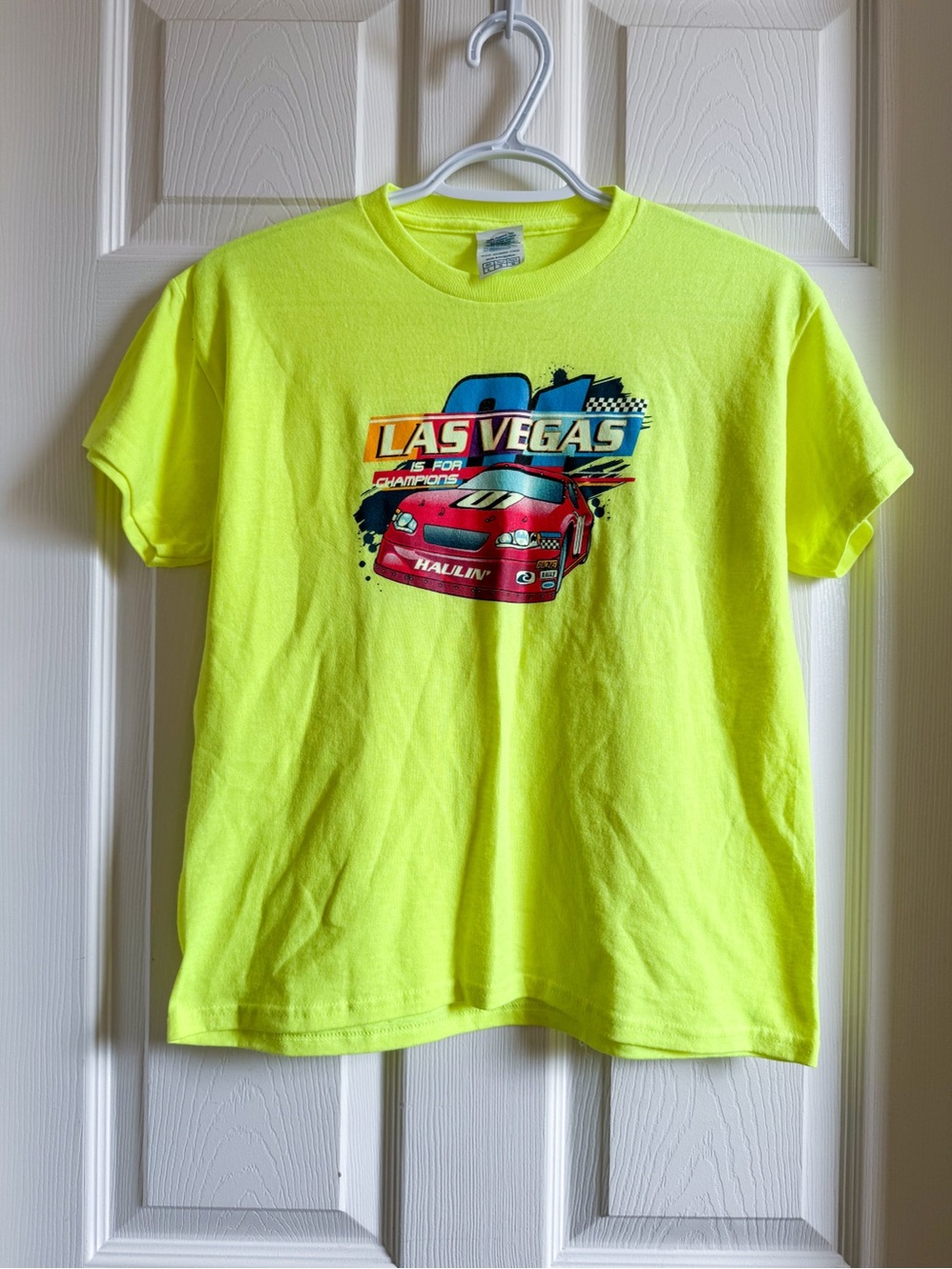 NWOT Kids Youth Neon Yellow 'Las Vegas' Graphic Tee with Race Car
